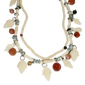 Vintage Double Strand Bead Necklace Bovine Bone Orange Green Agate Carved Leaves